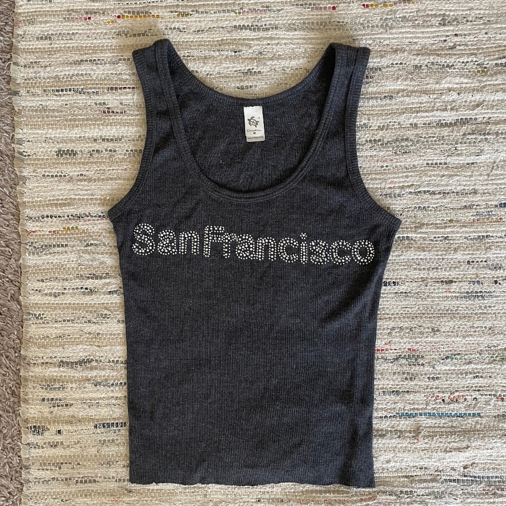 y2k style bedazzled San Francisco gray tank top